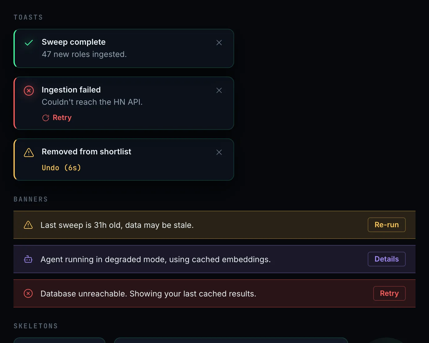 Feedback, Toasts, Banners, Skeletons, Empty/Error