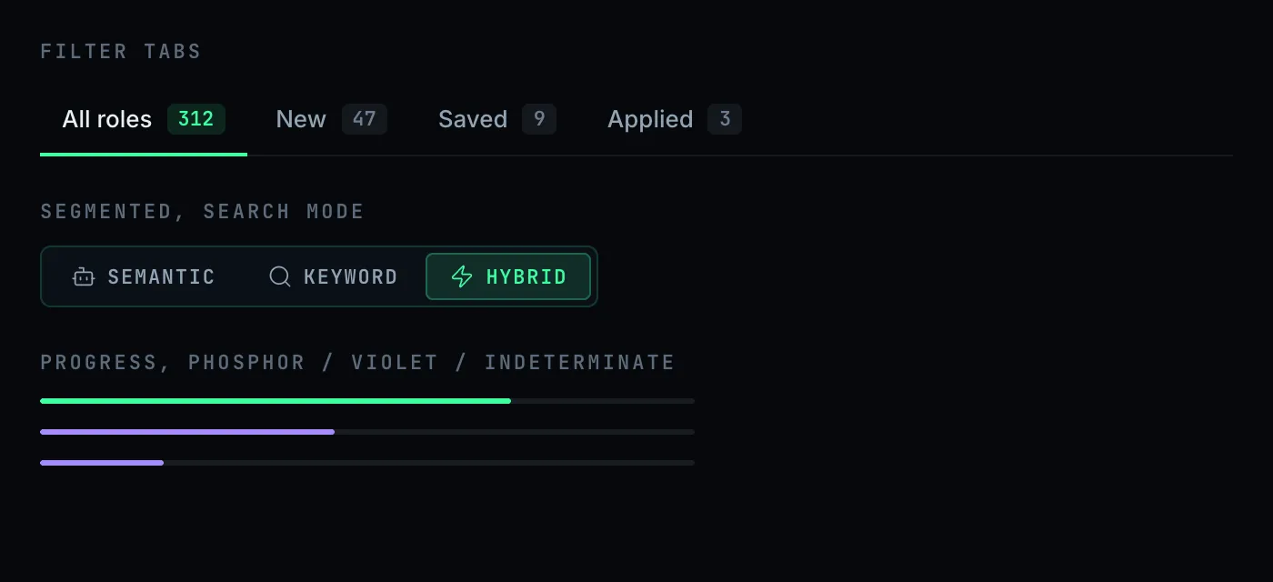 Navigation, Tabs, Segmented, Progress