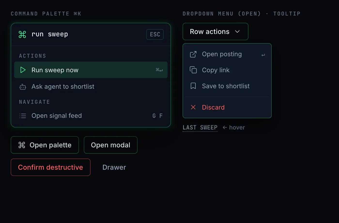 Overlays, Palette, Modal, Confirm, Menu, Tooltip, Drawer