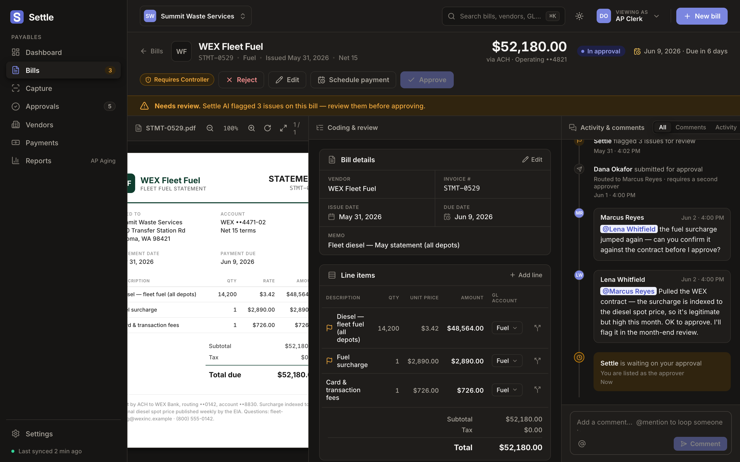 settle, the bill cockpit: invoice, line-item coding, and the approval timeline in one view